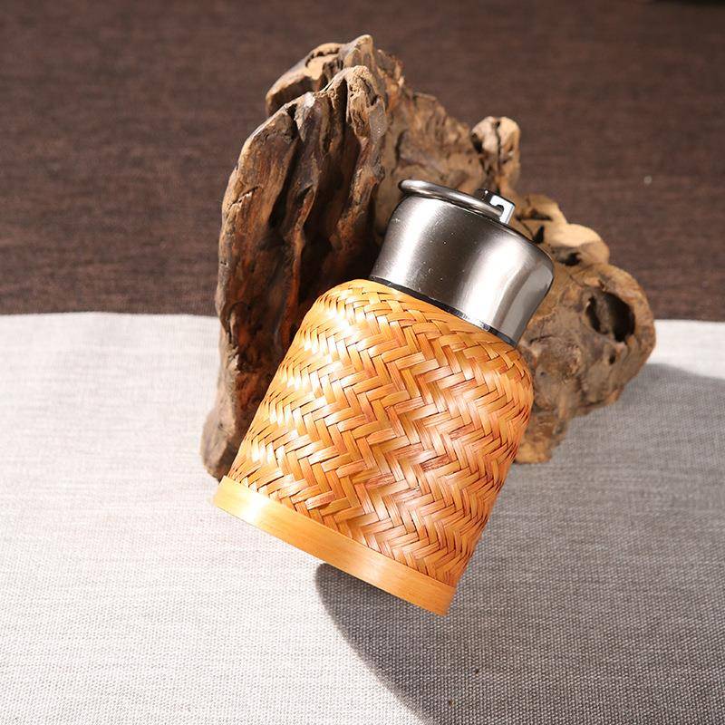 手工大漆竹编隔热不锈钢内胆保温杯陶瓷内涂手雷杯