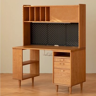 樱桃木学习桌带书架一体北美红橡木电脑办公桌带抽屉学生实木书桌