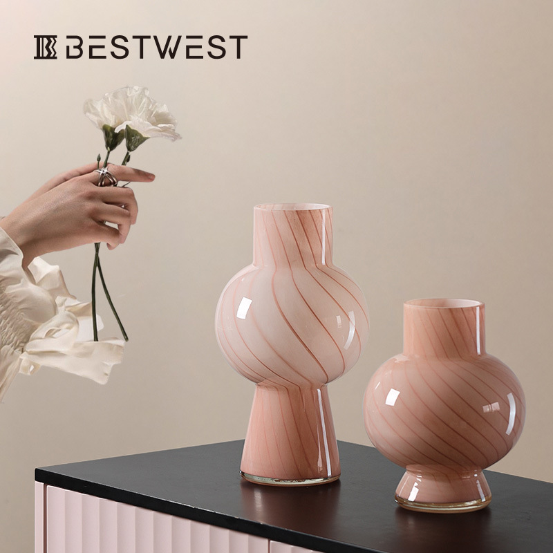 Best west 粉色条纹葫芦水培玻璃花瓶摆件家居软装样板间装饰花器