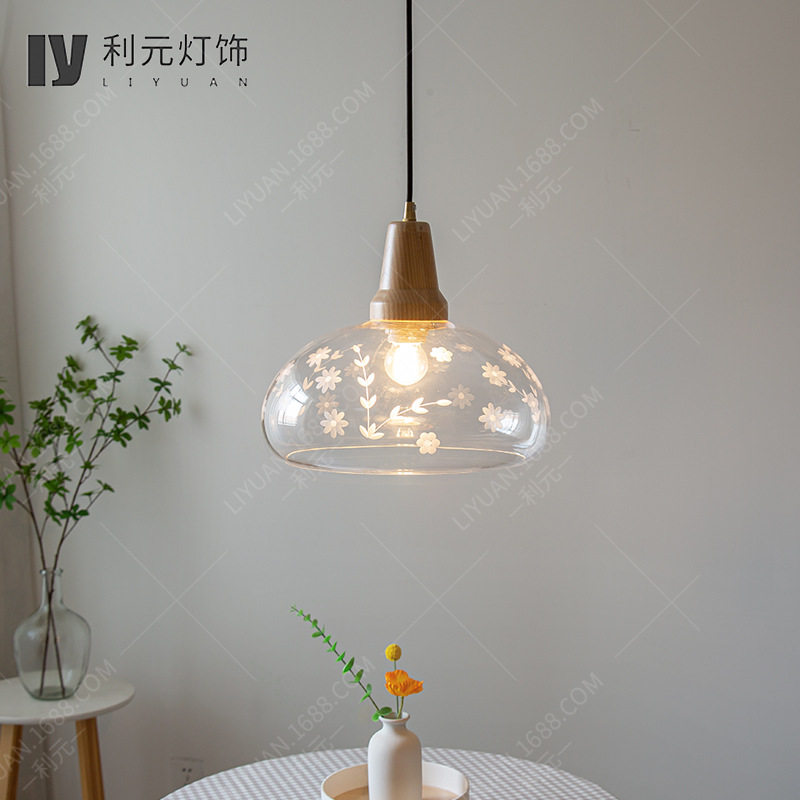 日式复古民宿玻璃小吊灯餐厅吧台床头过道阳台灯印花氛围小吊灯