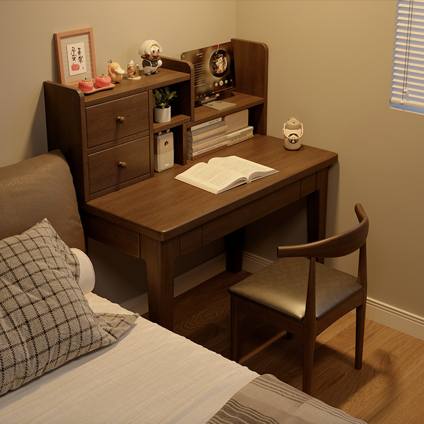 床边桌实木窄书桌书架一体卧室家用桌子小户型学习桌床头靠墙窄桌