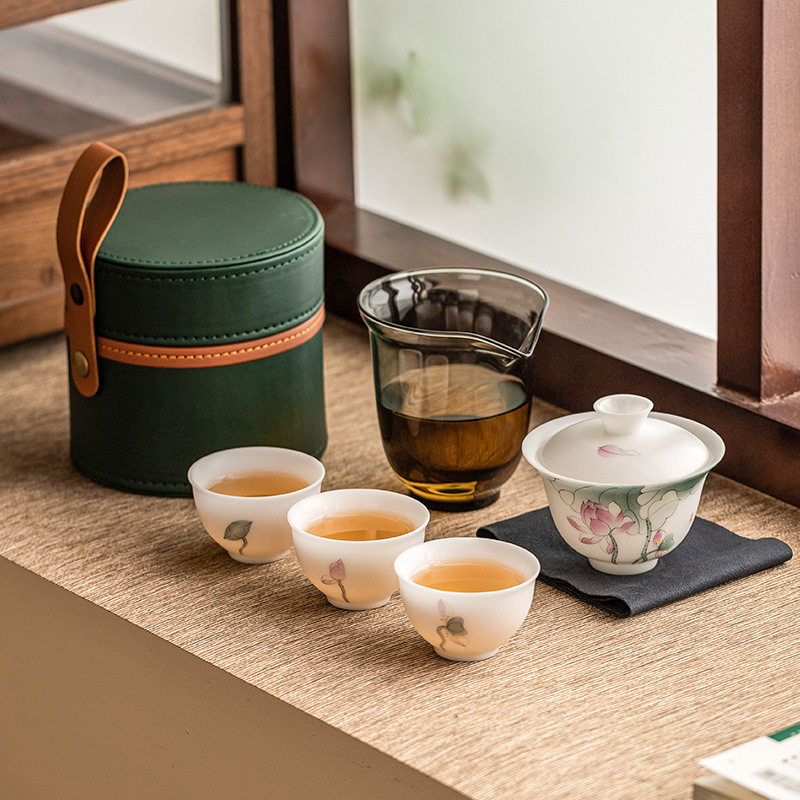 厂家张丽娇素烧羊脂玉瓷户外泡茶套装手绘一碗三杯便携式旅行茶具