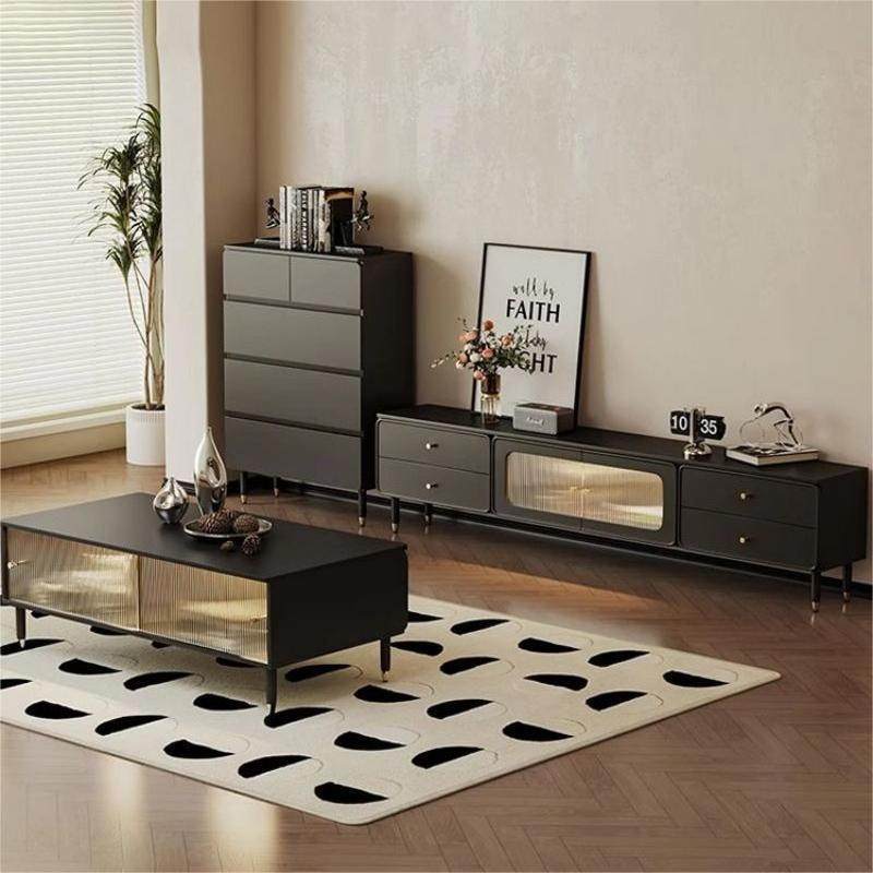 意式电视柜黑色电视柜茶几组合套装简约现代小户型网红客厅落地柜