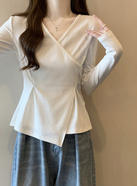 速发大码款领长袖打底冬202新v秋衫内搭收腰白色不规则上衣潮