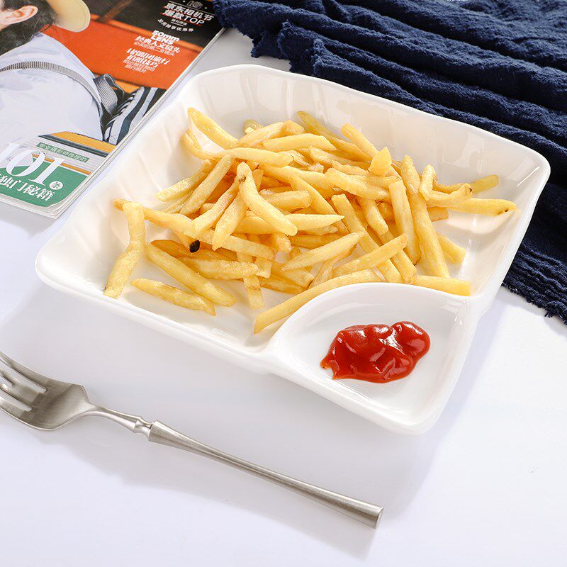 速发饺子盘盘吃薯条碟陶瓷方形盘深盘子饭盘家用带醋小餐具水饺碟