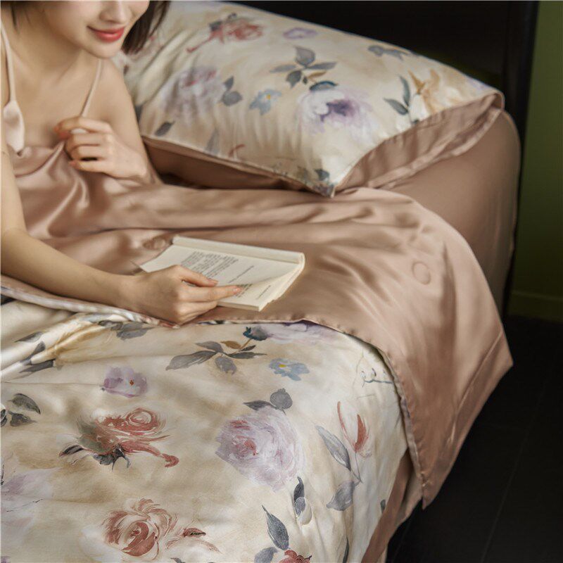 速发夏调80支兰精双面天丝花凉被植物夏卉裸睡空季被可机洗薄被子