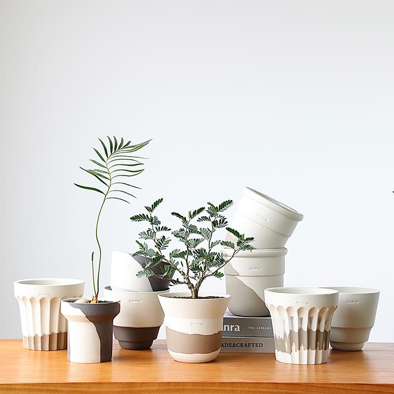 绞胎无釉陶瓷花盆透气绿植陶盆粗陶陶土蝴蝶兰块根兰花北欧侘寂风