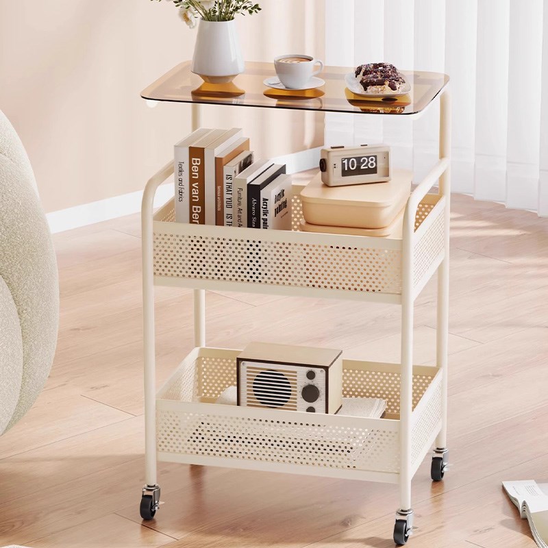 奶油风可移动小推车置物架客厅沙发边几零食收纳架子小茶几侧边柜