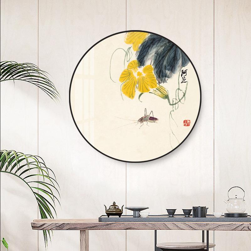 中式圆形装饰画轻奢简约花卉挂画客厅卧室书房茶室酒店装饰背景墙图片