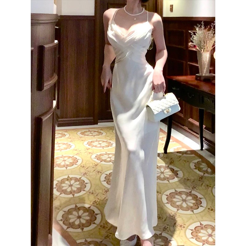 好货Good Job 【月光琉璃】法式吊带晚礼服白色设计感长款修身连