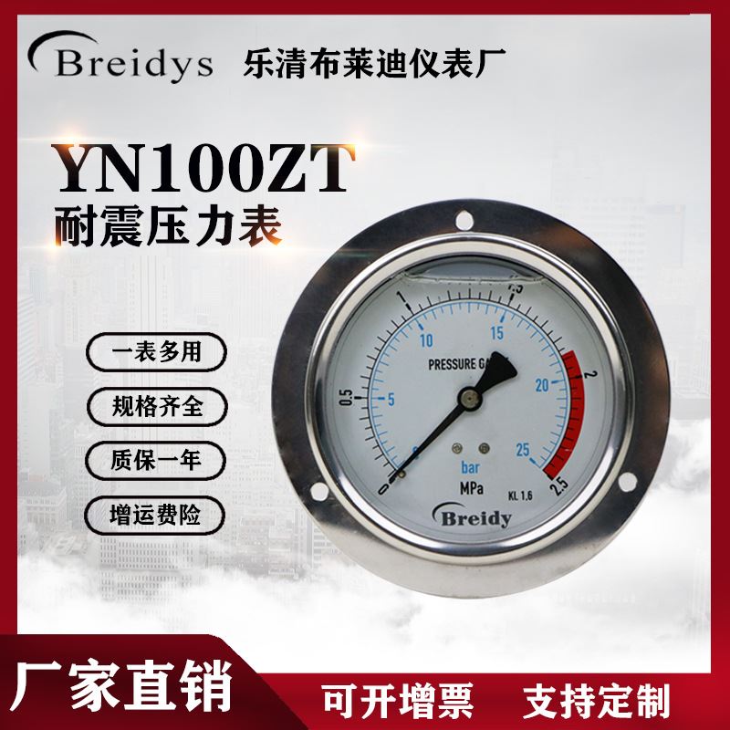 压力表YN100ZT轴向带边不锈钢压力表0-1.6mpa气压水压液压真空表