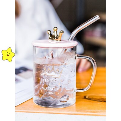 可爱带把玻璃杯ins网红少女皇冠带盖子勺耐热水杯创意家用泡茶杯