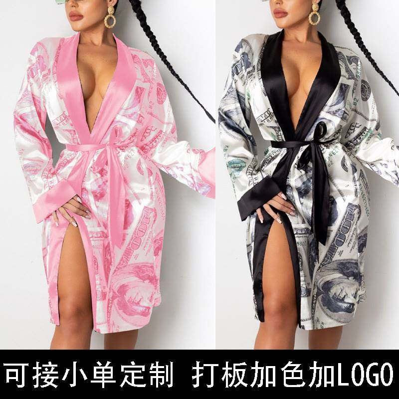 家居女 睡衣浴袍长袖薄款外套披肩开衫 防晒 绑带 美元印花亚马逊