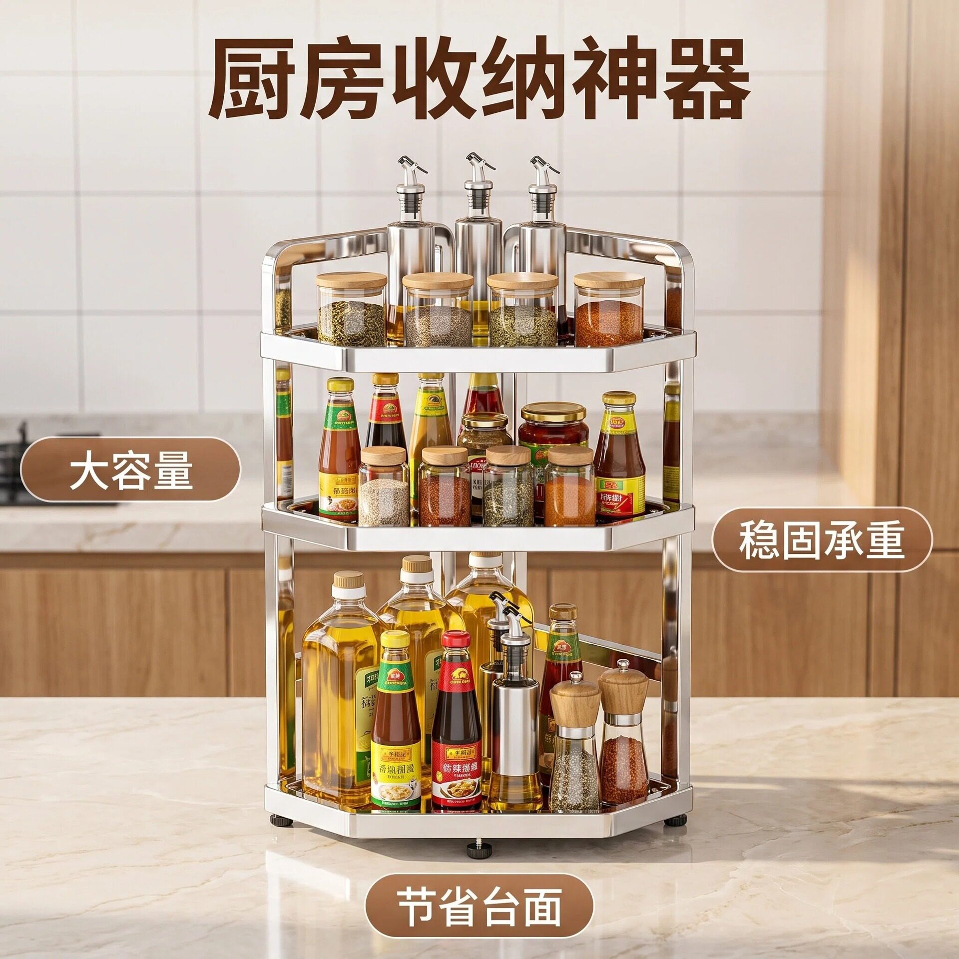 厨房不锈钢置物架台面多层转角三脚架调味品收纳架筷筒调料整理架