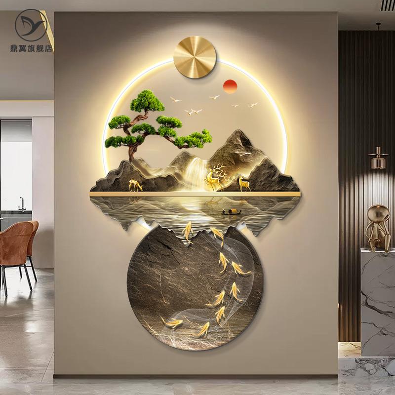 带灯玄关装饰画2025新款入户正对门挂画鱼图走廊过道山水壁灯画