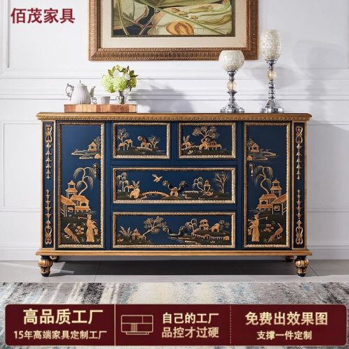 美式轻奢实木雕刻彩绘餐边柜复古风客厅玄关柜入户走廊柜装饰柜
