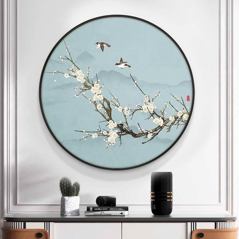 新中式圆形装饰画喜上眉梢客厅玄关挂画带灯LED壁灯卧室餐厅壁画