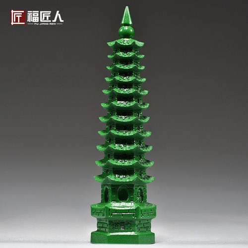 绿色木质雕刻文昌塔摆件