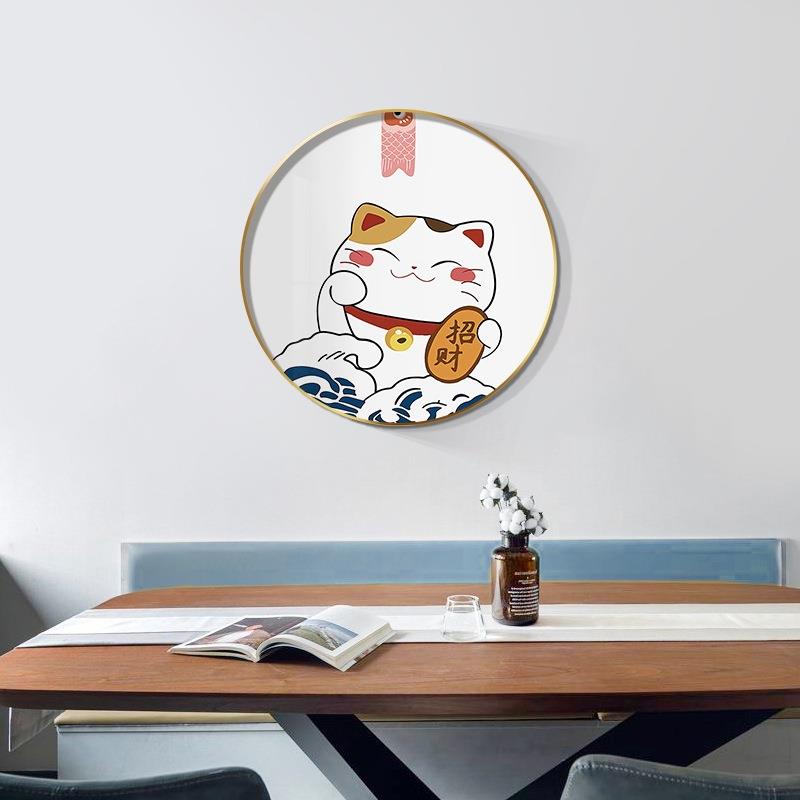 圆形装饰画简约现代客厅背景挂画入户招财猫玄关餐厅墙面猫咪壁画图片