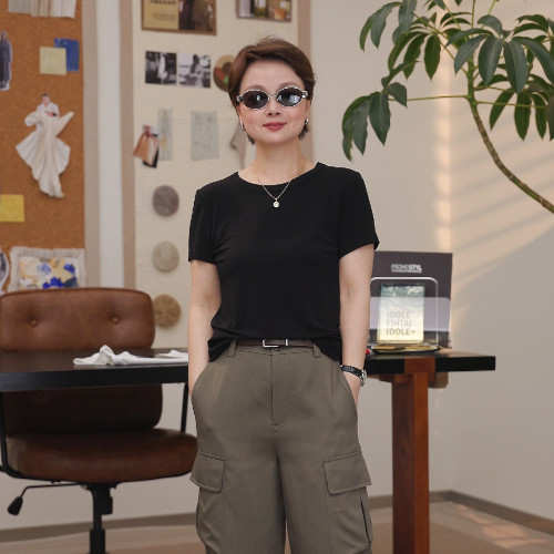 一支探戈小个子女装 极简风强捻纸片人再生纤维短袖T恤2610218