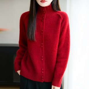 重磅加厚100羊毛开衫女半高领针织毛衣外套宽松慵懒羊绒衫打底衫