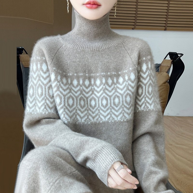 100%羊毛2025秋冬新女士宽松高领复古提花撞色套头打底针织衫毛衣,女装/女士精品,毛衣,淘宝优惠券,粉丝福利购,淘宝优惠卷