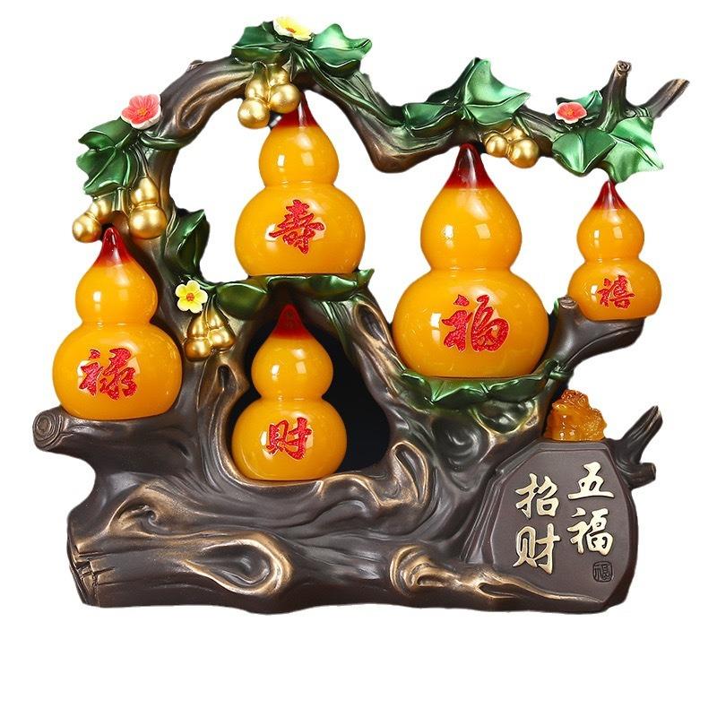 新款上市蜜蜡色树脂五福招财葫芦摆件创意家居客厅博古架装饰品