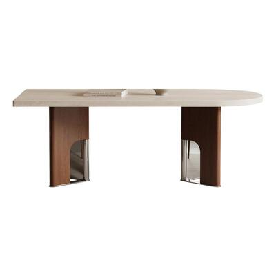 法式中古风半圆餐桌高端复古岛台小户型靠墙岛台哑光洞石岩板餐桌