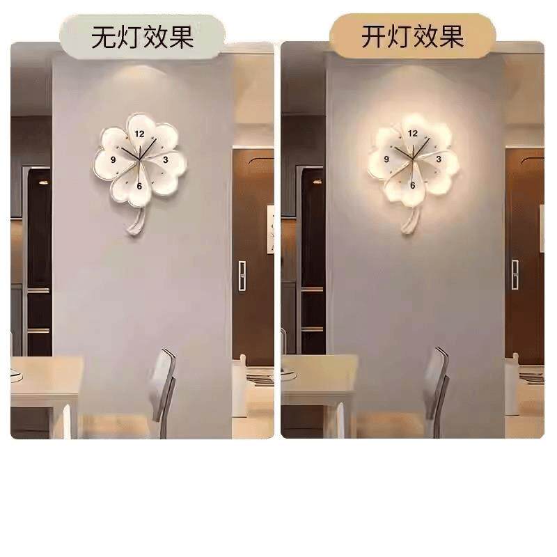 四叶草钟表装饰画客厅奶油风时钟挂墙壁灯挂画餐厅花卉挂钟
