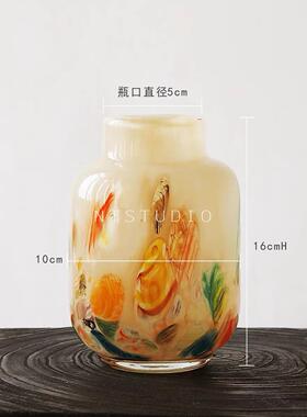 北欧彩色点点玉粉肌理中古玻璃花瓶复古手工琉璃艺术插花器水培瓶