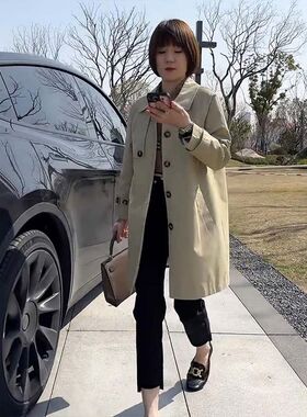 卡其色风衣外套女2024新款秋冬款韩版宽松小个子休闲中长款大衣女