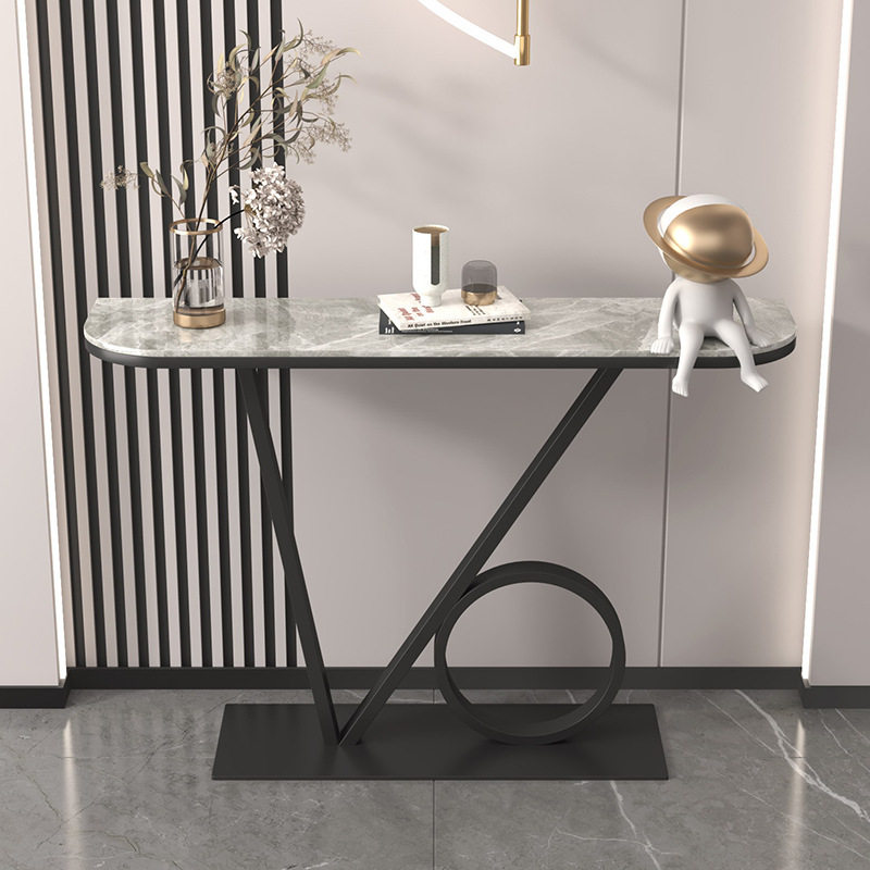 轻奢玄关桌入户装饰玄关柜简约现代半圆岩板新中式条案玄关台创意