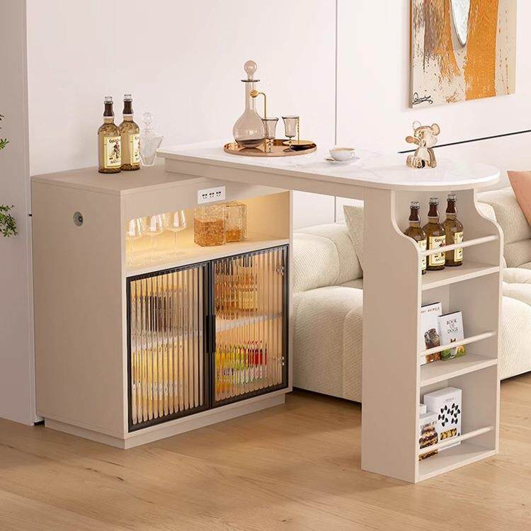 岩板吧台桌家用奶油风客厅隔断柜可伸缩餐边柜落地一体小型吧台柜