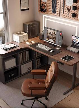 纯实木电动降桌胡黑桃木转书角桌TTQ可调节lL型办公升电脑桌子工