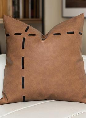 样现代简约板装腰饰抱枕橘棕色皮条靠枕63221轻奢客间厅沙发枕酒