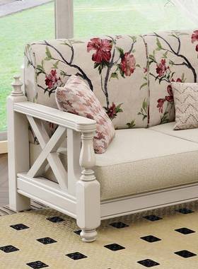 复美式白沙发实色木艺古小美乡村小户型客厅家具三人位12布3LYO组