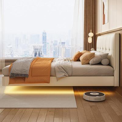 悬浮床油皮19682床现简约轻奢软代包风双人床意式极简小户型皮艺