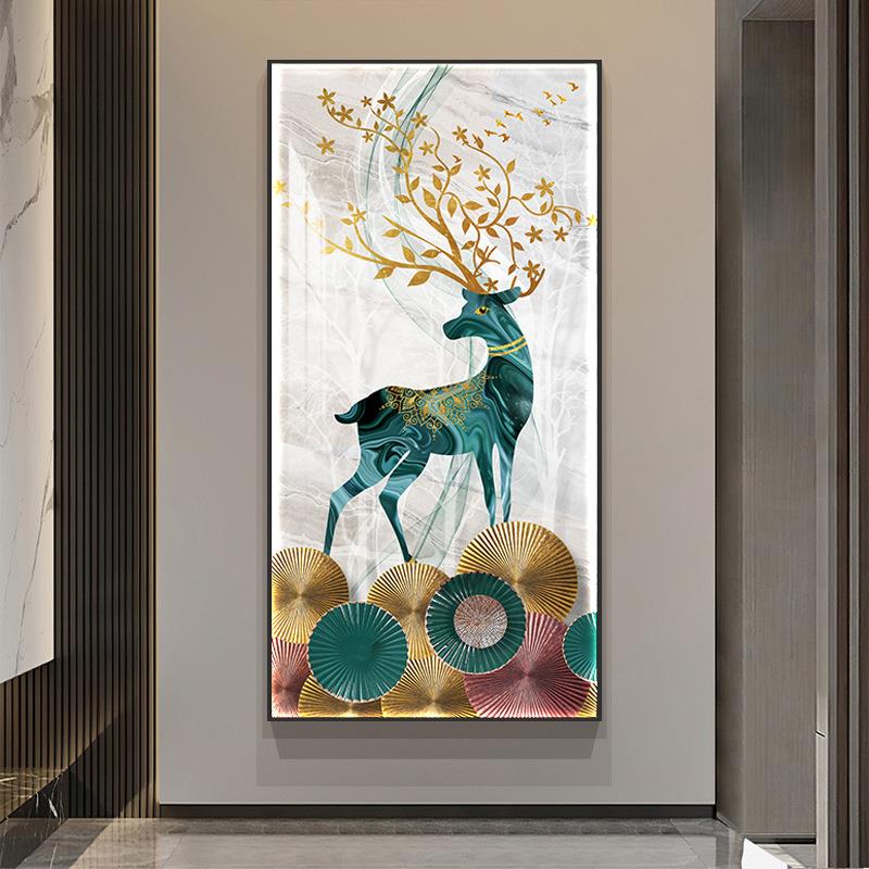 入户玄关装饰画灯带走廊尽头挂画进门麋鹿竖版壁过道轻奢led发光