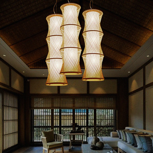 中式复式楼大灯中空客厅餐厅竹编楼梯灯长吊灯茶楼民宿酒店大堂灯