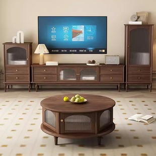 北美黑胡桃实木电视柜茶几组合美式复古樱桃木客厅电视边柜高低柜