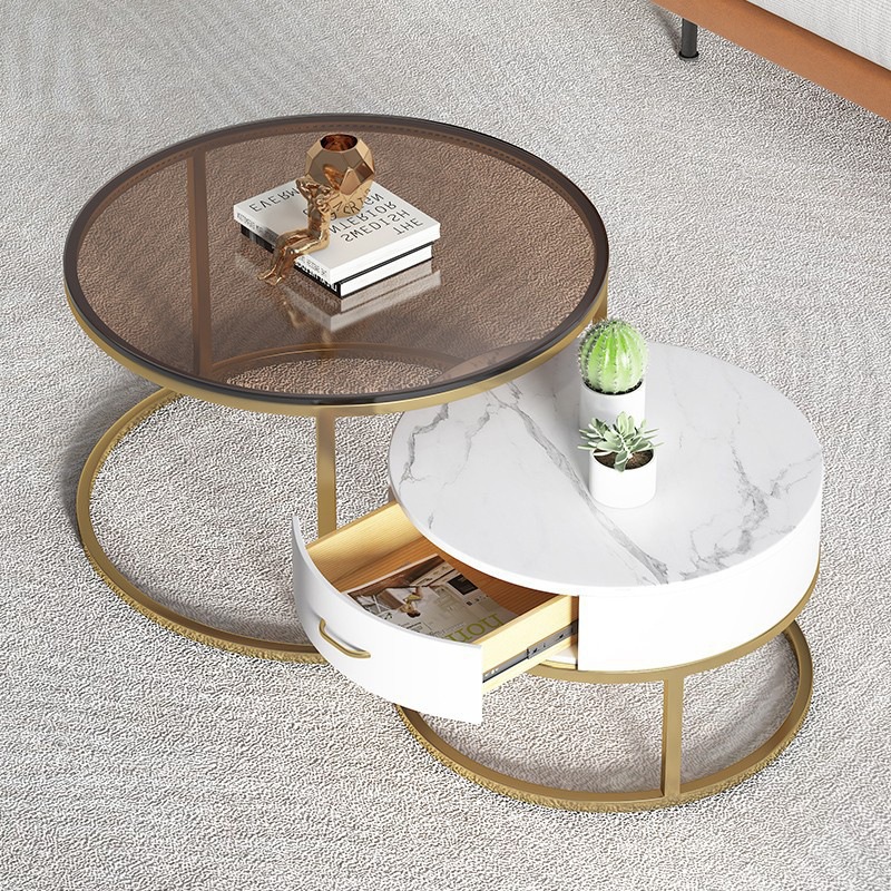 北欧铁艺钢化玻璃茶几小户型家用边几桌卧室岩板圆形茶色组合小茶