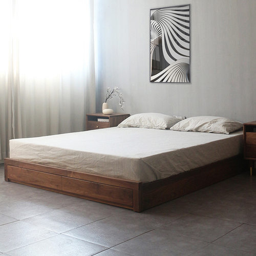 北欧全实木双人床现代简约式黑胡桃木橡木气压床箱抽屉储物床婚床