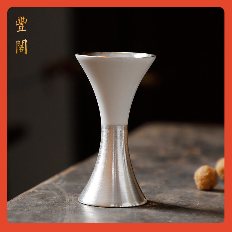?鎏银酒杯双头羊脂玉陶瓷白酒杯仿古黄烈酒杯高白瓷10ml小酒盅家