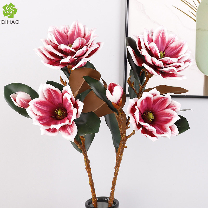 仿真带叶卷边玉兰花 假花插花客厅玄关 3头EVA玉兰仿真花批发装饰