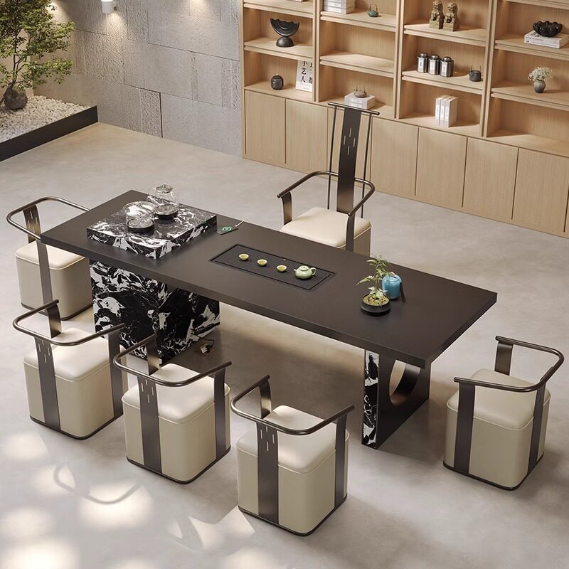 岩板茶桌椅组合轻奢现代高级感纯黑烧水壶一体嵌入式高端别墅茶台