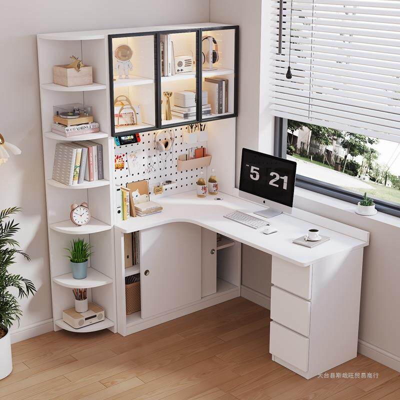 实木转角书桌书架一体学生家用学习写字桌简约台式电脑桌书柜梦源