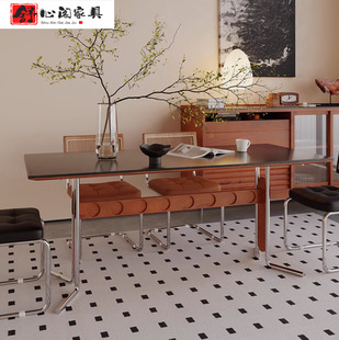 法式复古岩板餐桌长方形餐桌椅现代小户型家用民宿布伦特实木饭桌