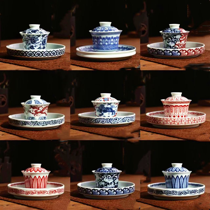 青花瓷双色釉一鹭莲科三才盖碗茶杯家用陶瓷壶承干泡台泡茶碗批发