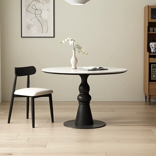 法式中古风实木圆形餐桌家用小户型复古饭桌阳台休闲桌岩板岩板桌