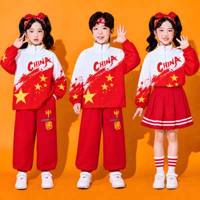 国庆儿童啦啦队演出服小学生运动会班服红色爱国合唱团体表演服装